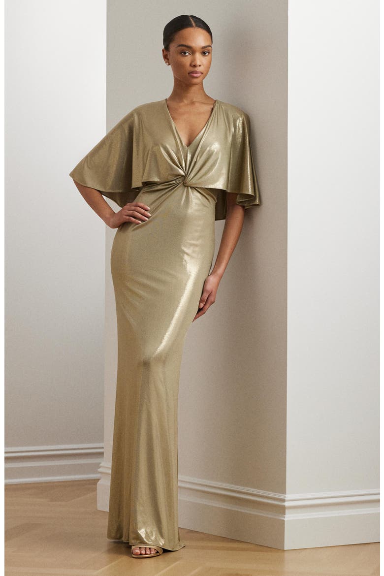 Metallic Cape Overlay Jersey Column Gown, Alternate, color, MEDIUM PEWTER/ GOLD FOIL