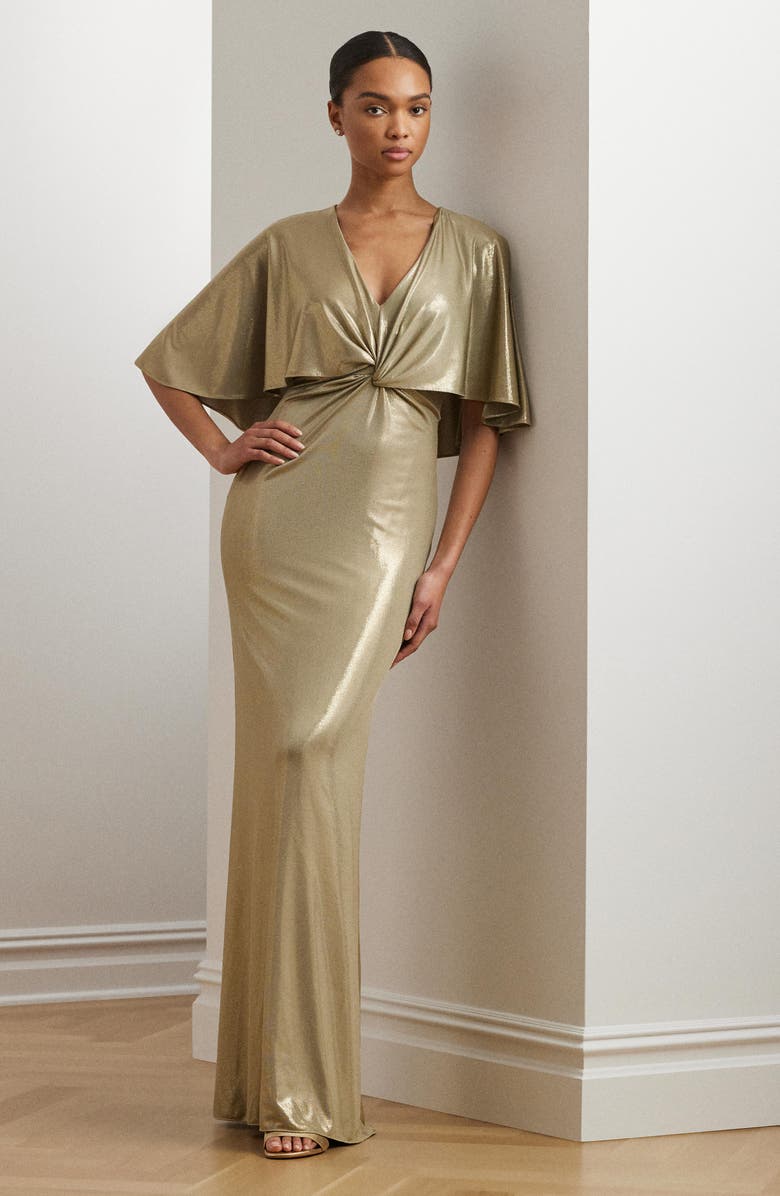 Lauren Ralph Lauren Metallic Cape Overlay Jersey Column Gown, Alternate, color, Medium Pewter/ Gold Foil