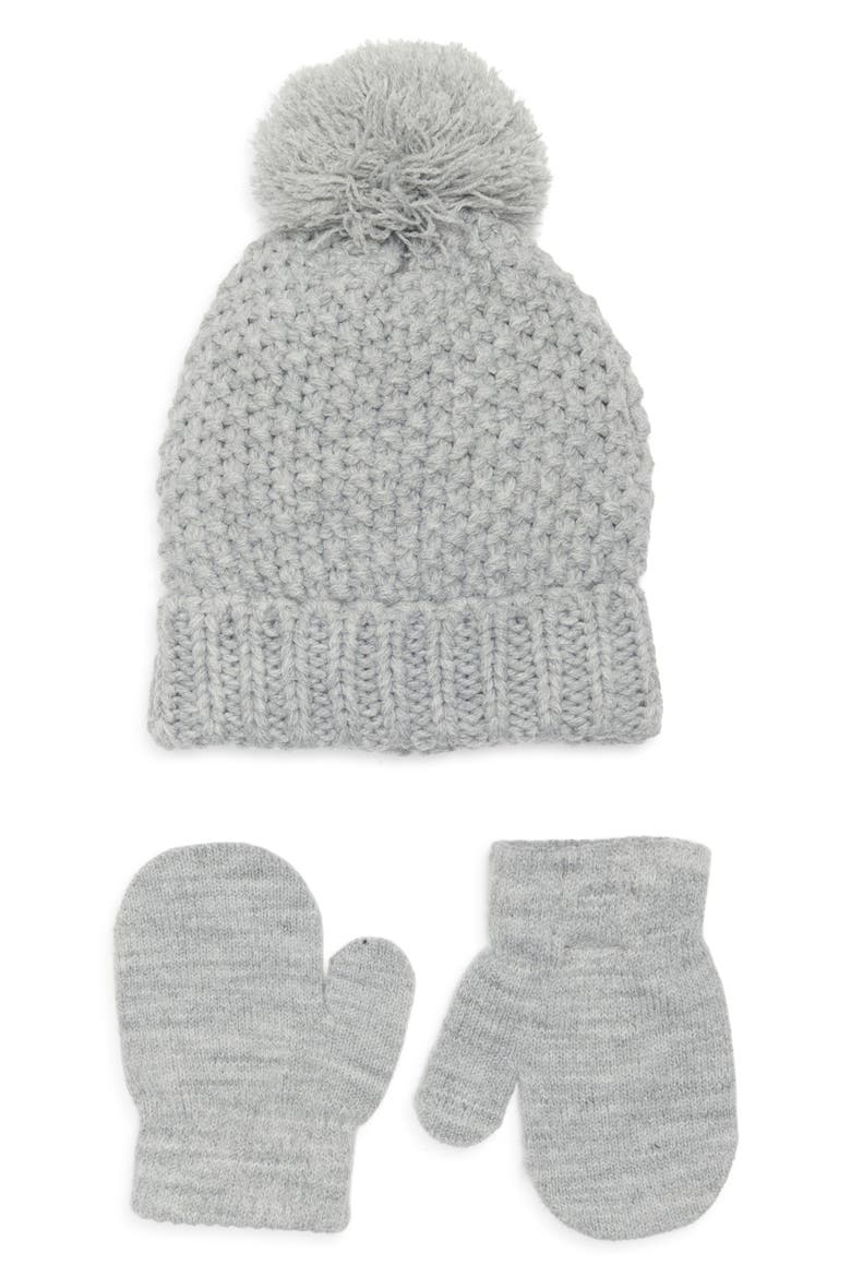Kids' Seed Stitch Pompom Beanie & Mittens Set, Main, color, GREY