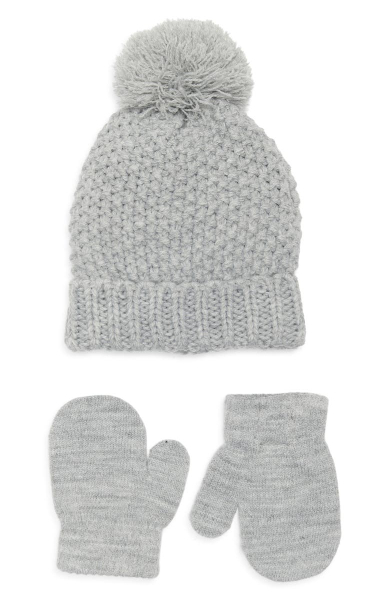 Capelli New York Kids' Seed Stitch Pompom Beanie & Mittens Set, Main, color, Grey