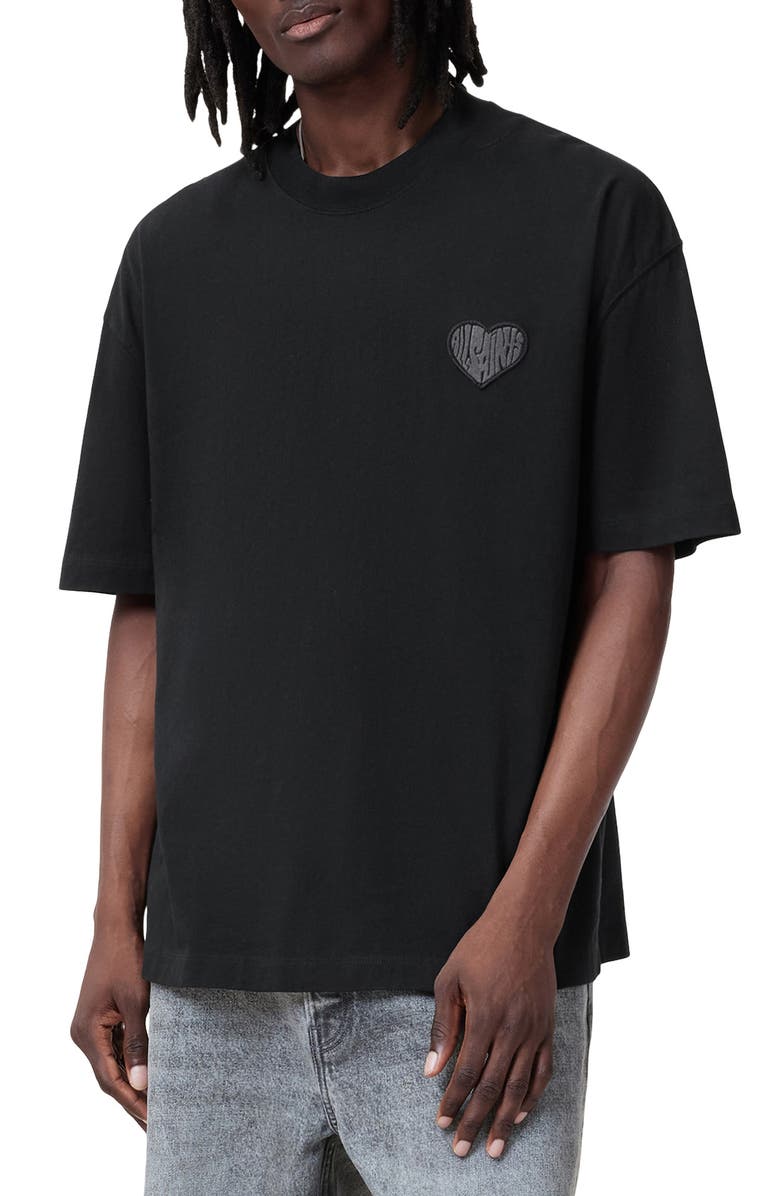 AllSaints Lover Oversize Heart Appliqué Cotton T-Shirt, Main, color, Washed Black