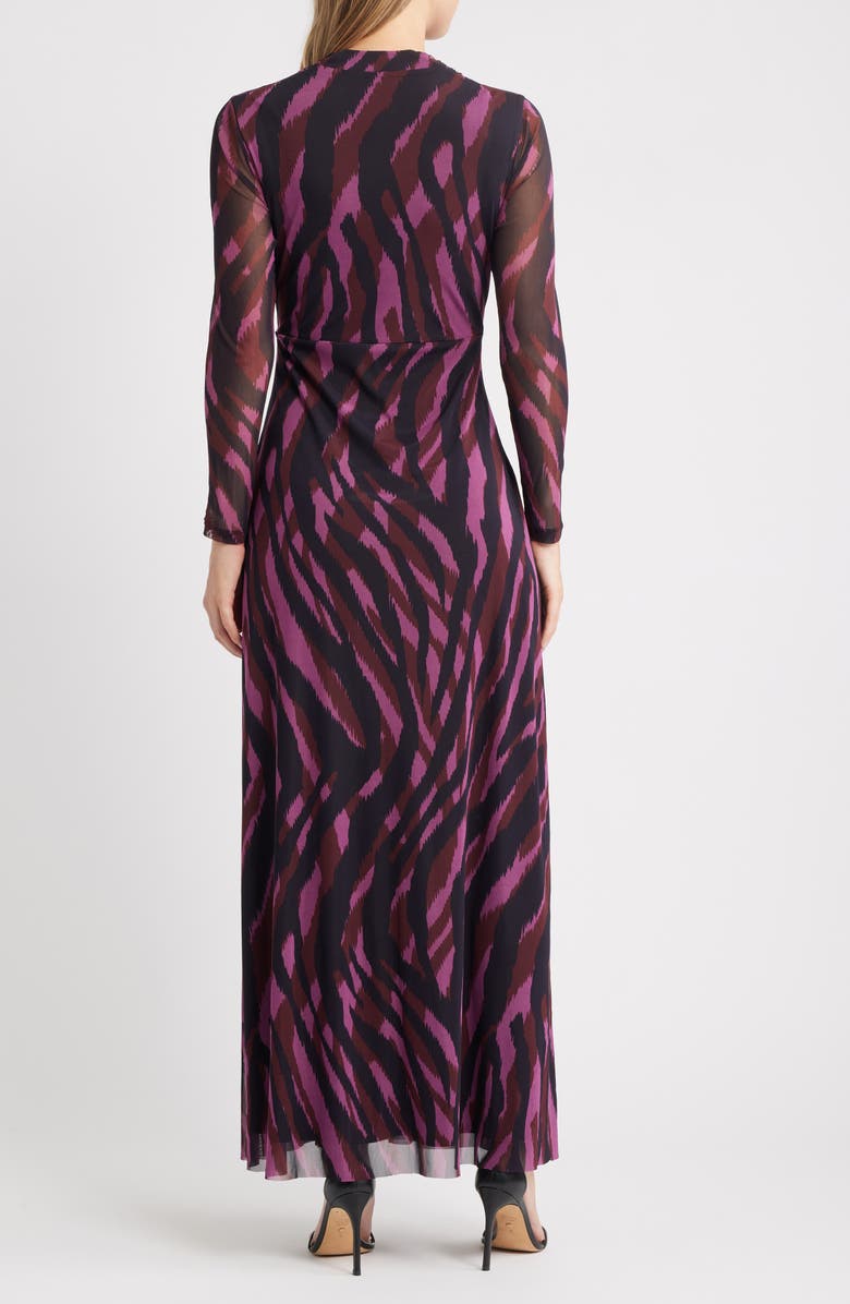 Anne Klein Abstract Print Twist Front Long Sleeve Mesh Maxi Dress, Alternate, color, Animal Stripes L230v01