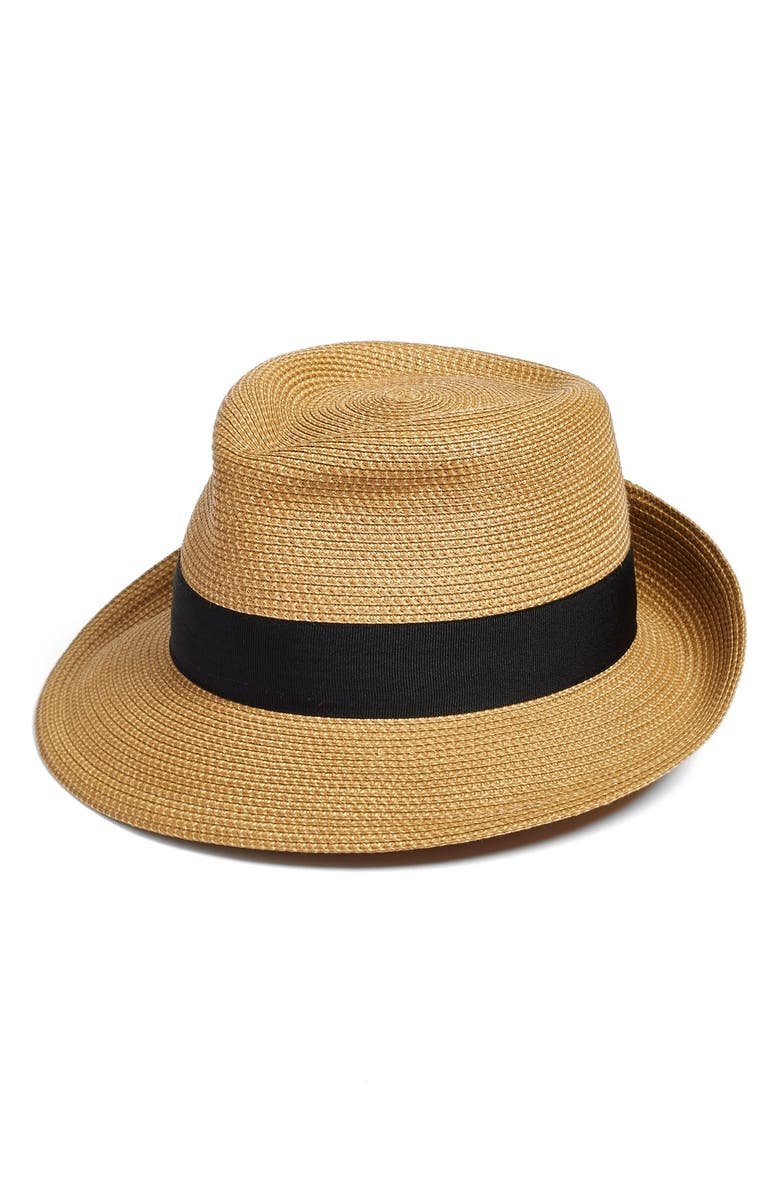 Eric Javits Classic Squishee<sup>®</sup> Straw Packable Fedora Sun Hat, Main, color, Natural/ Black