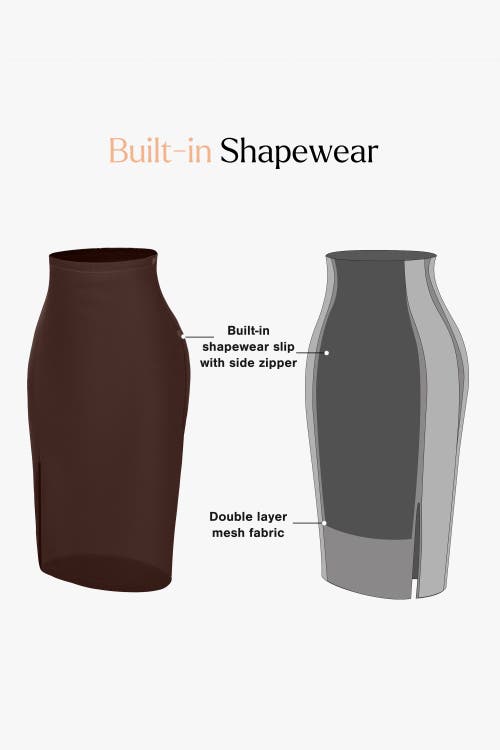 Popilush Shapewear Sculpting Faux Leather Front Slit Midi Skirt In Deep Coffee