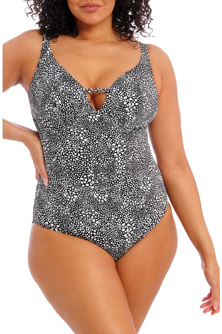 Pebble Cove Plunge One-Piece Swimsuit, Main, color, BLACK