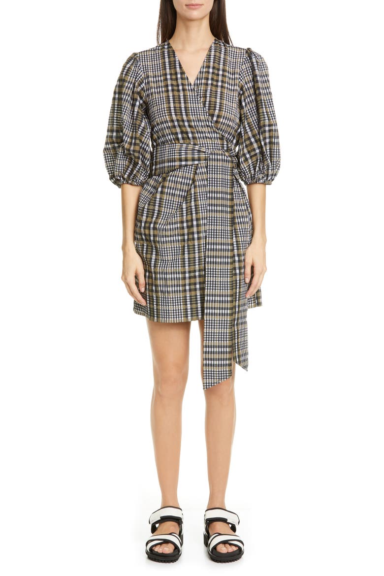 Check Seersucker Puff Sleeve Wrap Dress, Main, color, KALAMATA