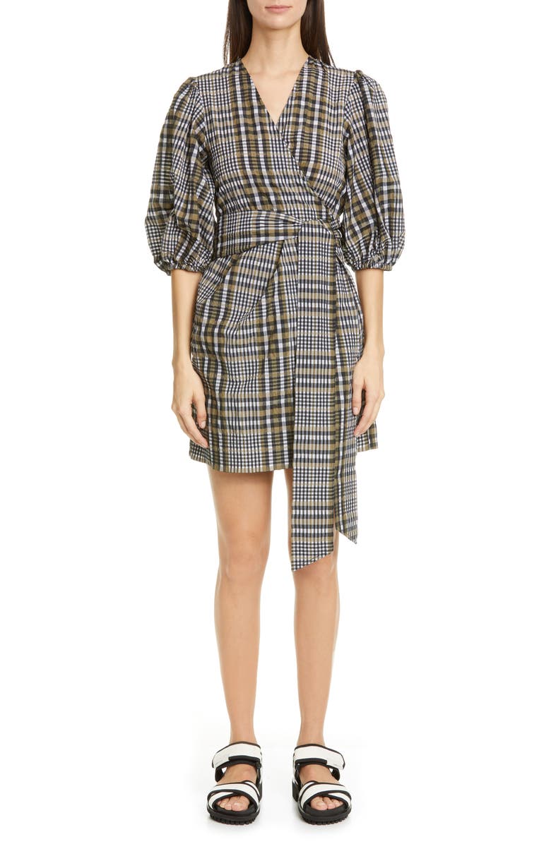 Ganni Check Seersucker Puff Sleeve Wrap Dress, Main, color, 