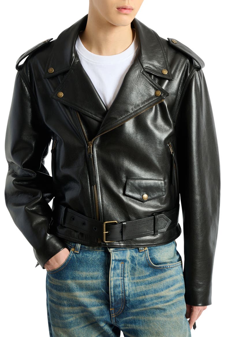 Textured leather biker jacket, Alternate, color, black