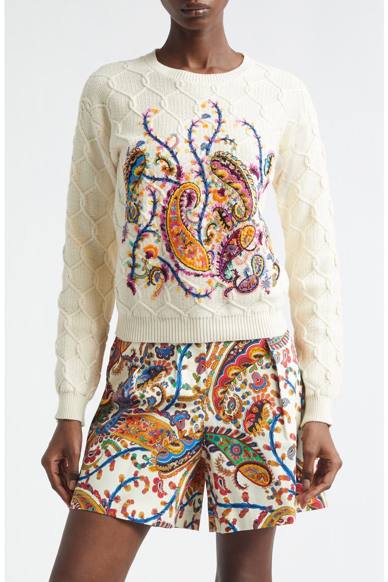 Embroidered Crop Cotton Blend Sweater, Main, color, IVORY
