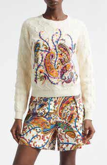 Embroidered Crop Cotton Blend Sweater