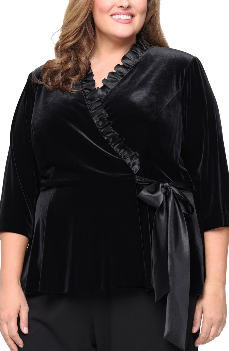 Alex Evenings Stretch Velvet Wrap Top with Satin Ruffle Detail, Main, color, Black