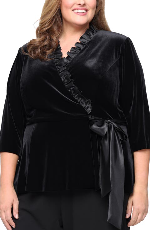 Stretch Velvet Wrap Top with Satin Ruffle Detail