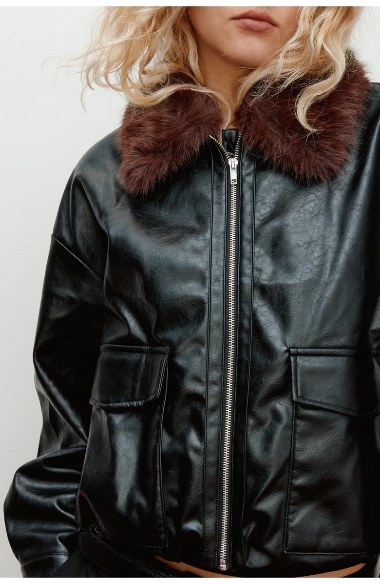 H&M Fluffy-collared Jacket, Alternate, color, Black/Brown