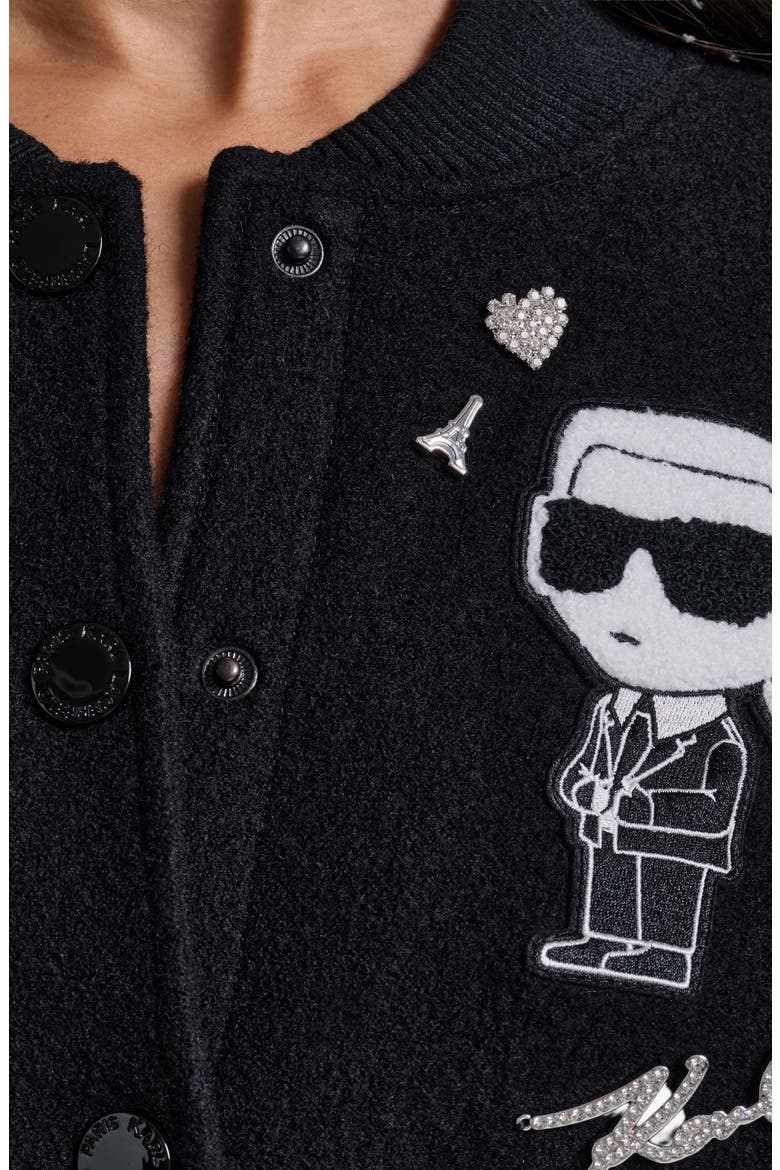 Karl Wool Blend Varsity Jacket with Faux Leather Sleeves, Alternate, color, BLACK