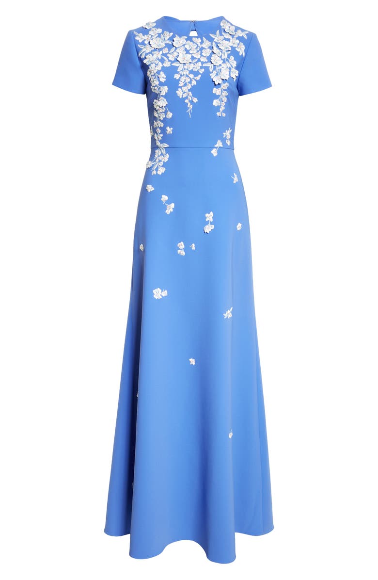 Carolina Herrera Floral Embroidered Stretch Crepe Gown with Bows, Alternate, color, Delphinium Mult