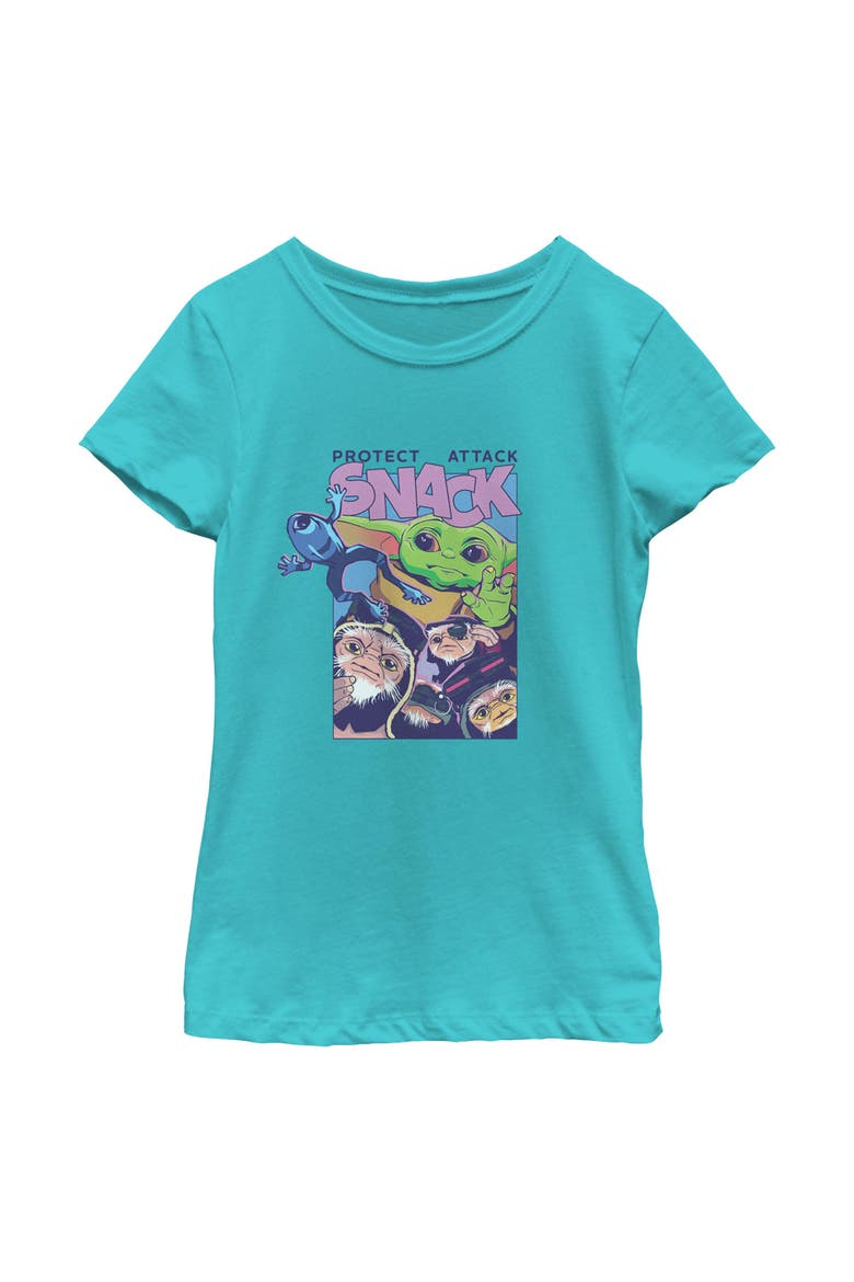 Girls Star Wars The Mandalorian and Grogu Protect Attack Snack Collage T Shirt, Main, color, Tahiti Blue