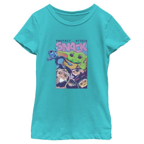 Girls Star Wars The Mandalorian and Grogu Protect Attack Snack Collage T Shirt