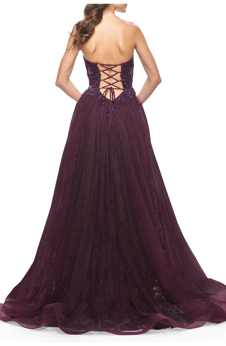 La Femme A-Line Gown with Lace Lining and Beaded Embellishments, Alternate, color, Dark Berry