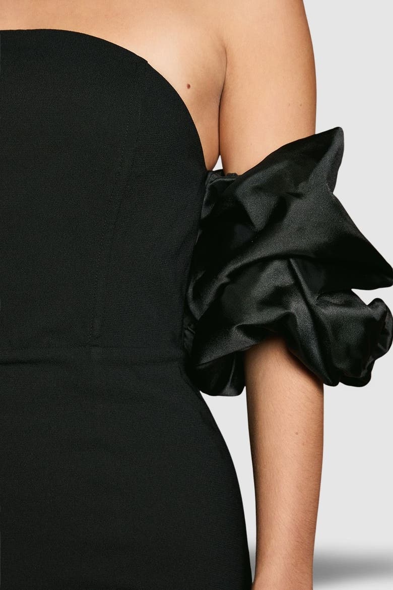 Puff Sleeve Bardot Fishtail Maxi Dress, Alternate, color, Black