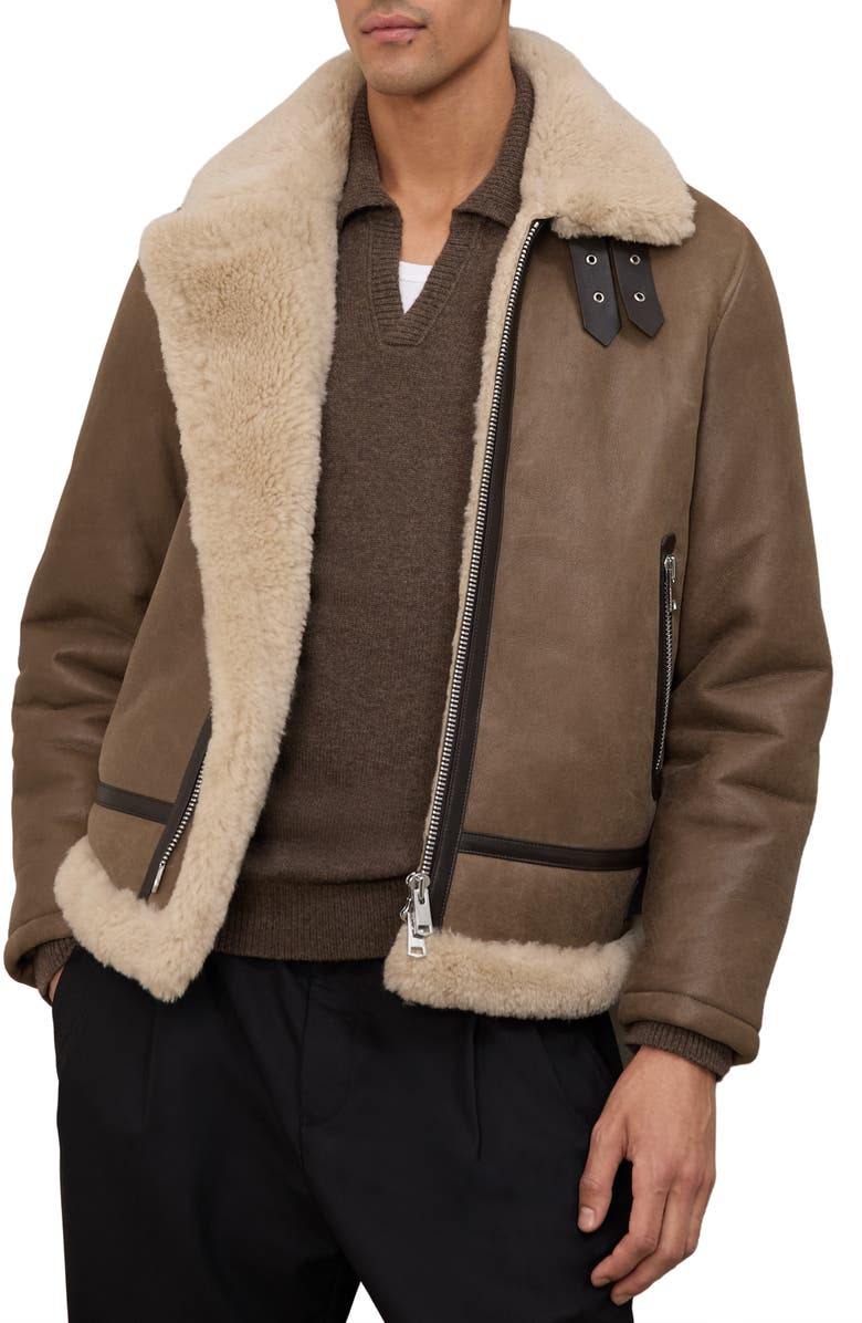 Reiss Hardy Genuine Shearling Trim Aviator Jacket, Main, color, Light Brown