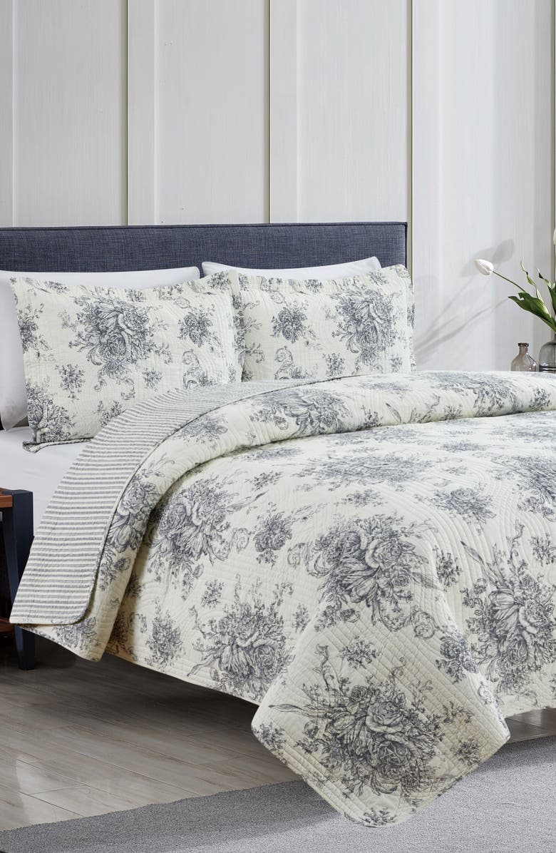 MELANGE HOME Toile Reversible Cotton Quilt Set, Alternate, color, Grey