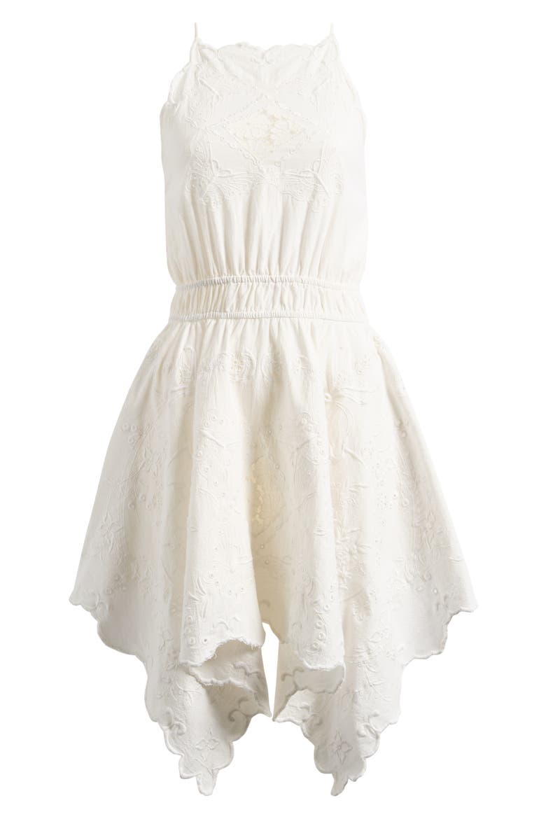 Eyelet Embroidered Handkerchief Hem Cotton & Linen Sundress, Main, color, WHITE