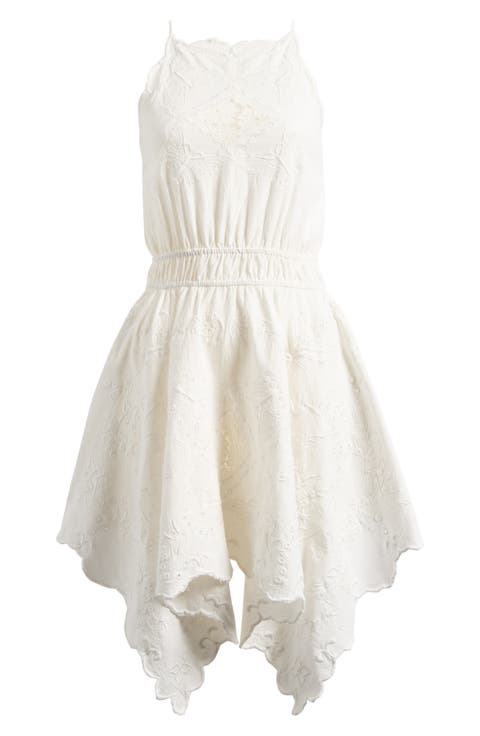 Eyelet Embroidered Handkerchief Hem Cotton & Linen Sundress