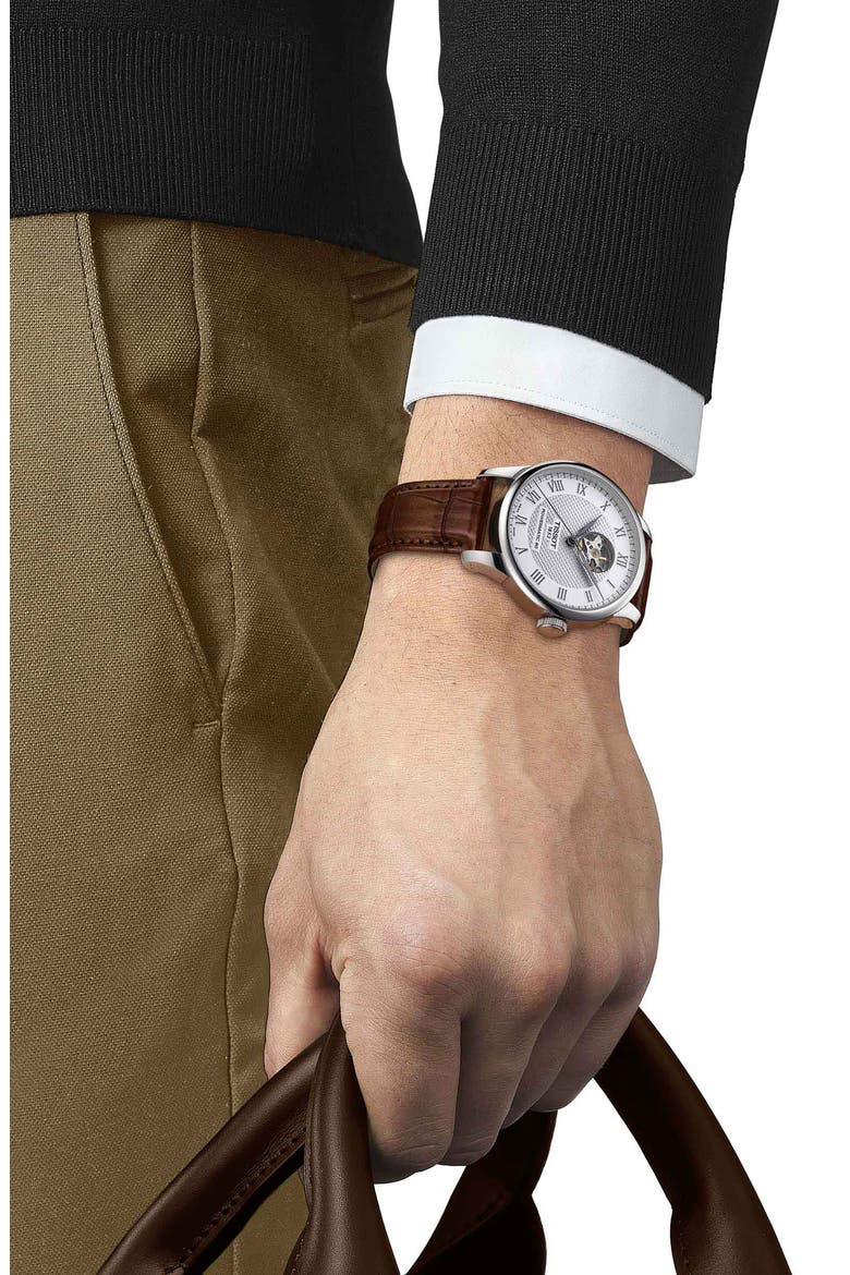 Le Locle Powermatic 80 Leather Strap Watch, 39mm, Alternate, color, BROWN