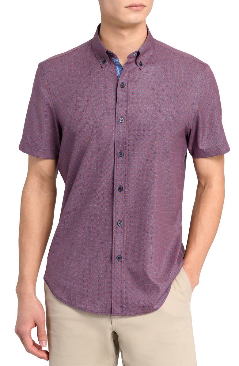 CONSTRUCT Slim Fit 4-Way Stretch Short Sleeve Button-Up Shirt, Main, color, Blue/ Orange