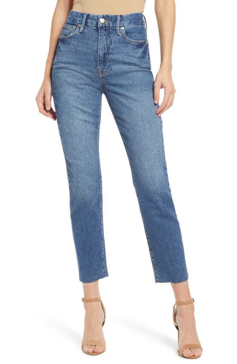 Good American Good Classic Raw Hem High Waist Slim Jeans, Main, color, 