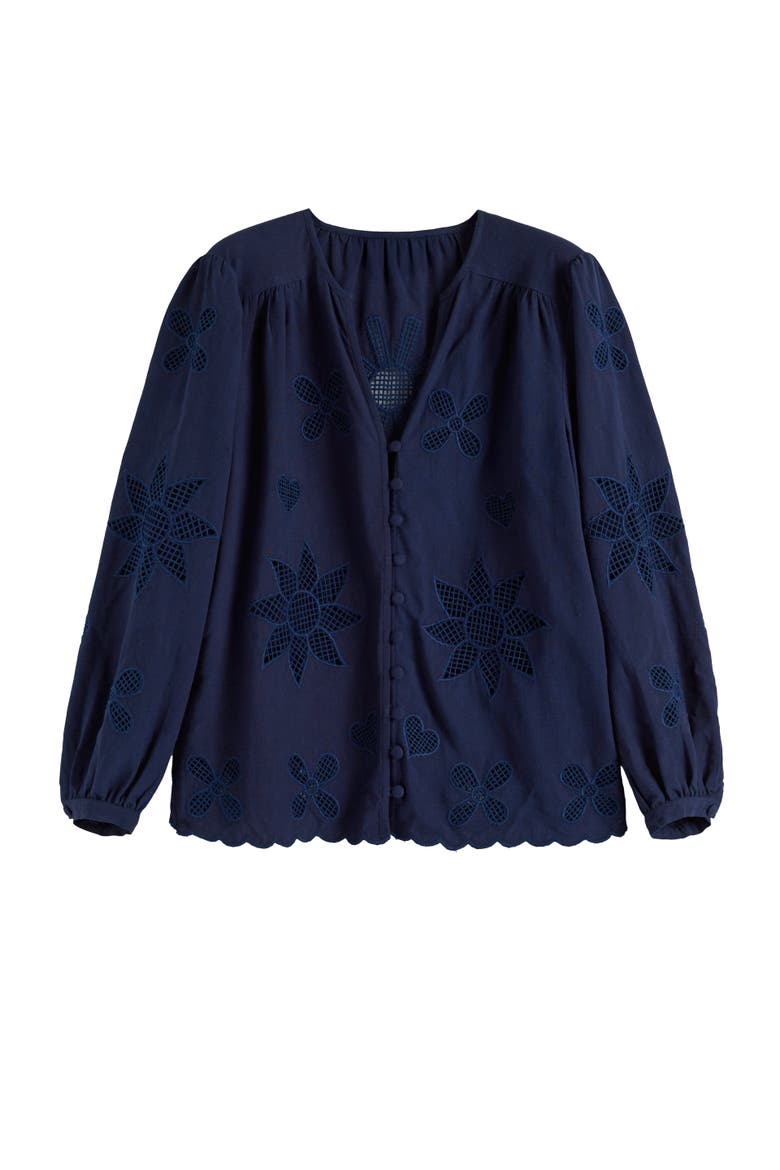 Linen-Blend Broderie Blouse, Alternate, color, Blue