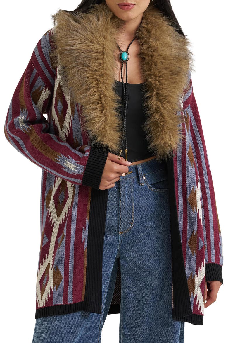 Faux Fur Collar Cardigan, Alternate, color, EXPLODED SOUTHWEST PRINT
