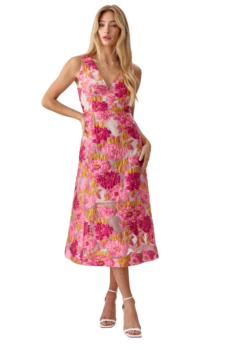 Agnes Floral Jacquard Midi Dress, Alternate, color, PINK YELLOW