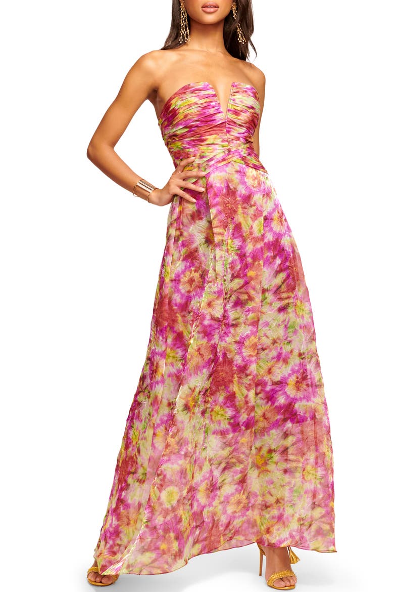 Sierra Pleated Bodice Strapless Gown, Main, color, MAUI LILAC CRINKLE SUNBURST
