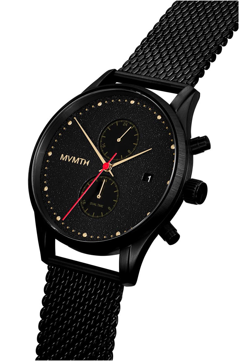 MVMT Voyager Caviar Chronograph Mesh Strap Watch, 42mm, Alternate, color, BLACK
