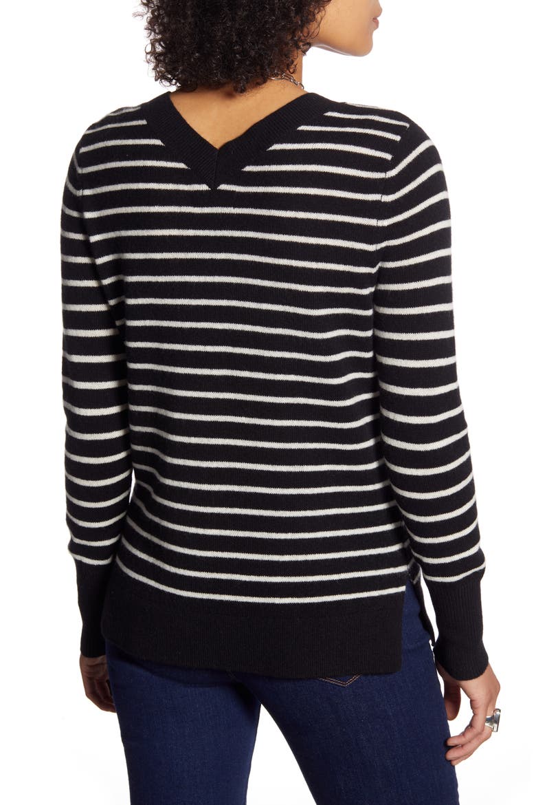 V-Neck Cashmere Sweater, Alternate, color, BLACK- IVORY UNEVEN STRIPE