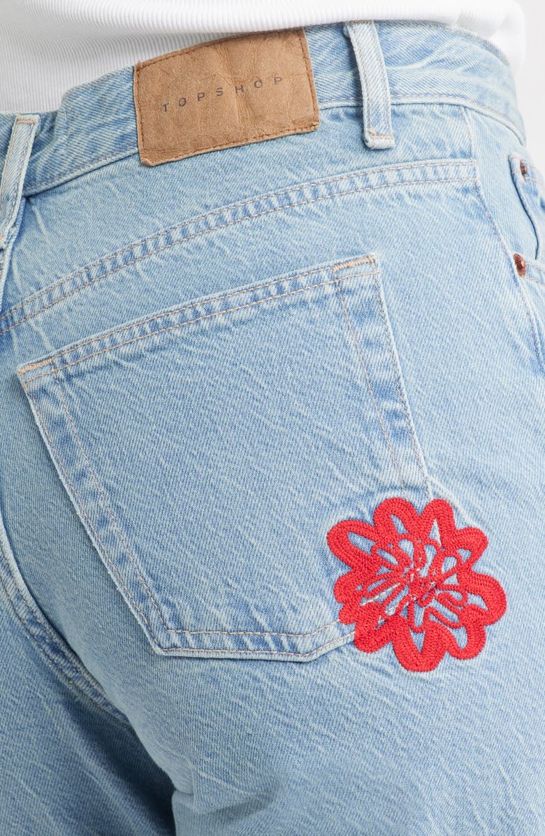 Topshop Embroidered Mid Rise Relaxed Straight Leg Jeans, Alternate, color, Mid Blue