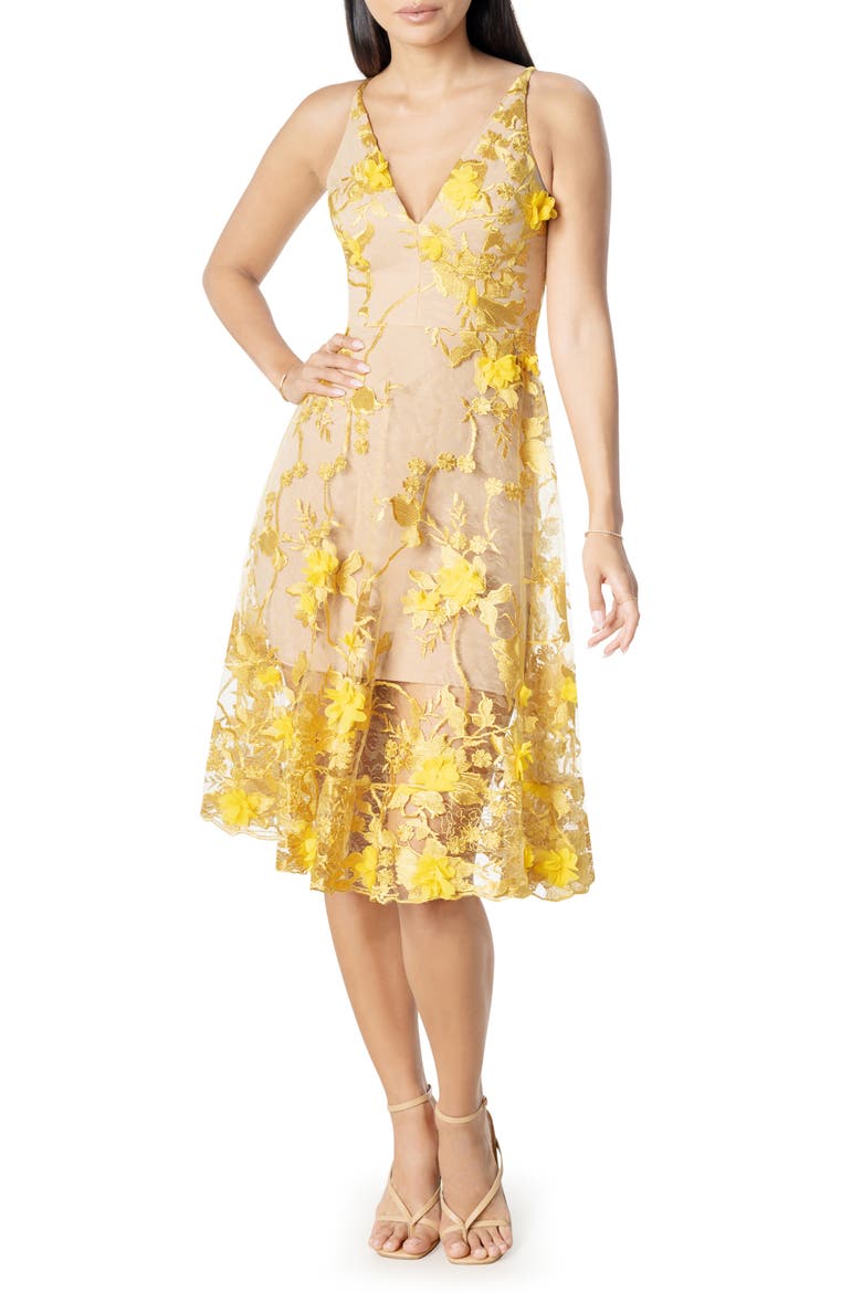 Audrey Embroidered Fit & Flare Dress, Main, color, CANARY