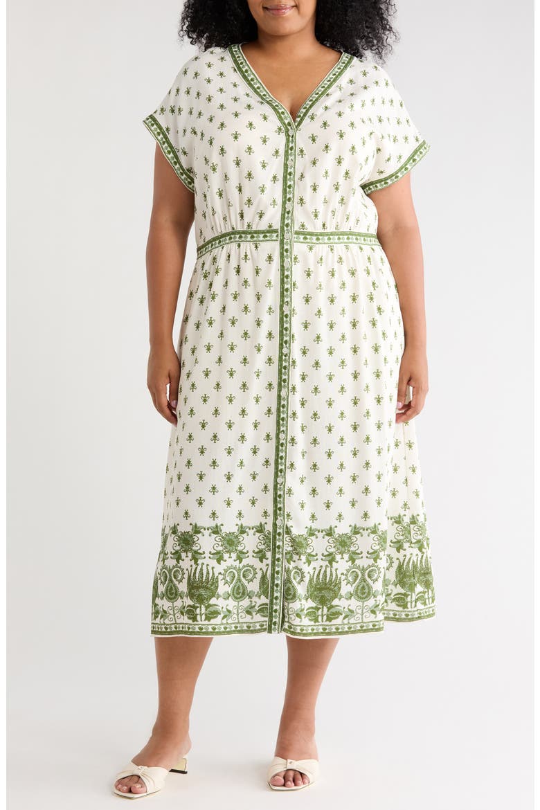 Button Front Midi Dress, Main, color, CREAM/ GREEN RUSTIC
