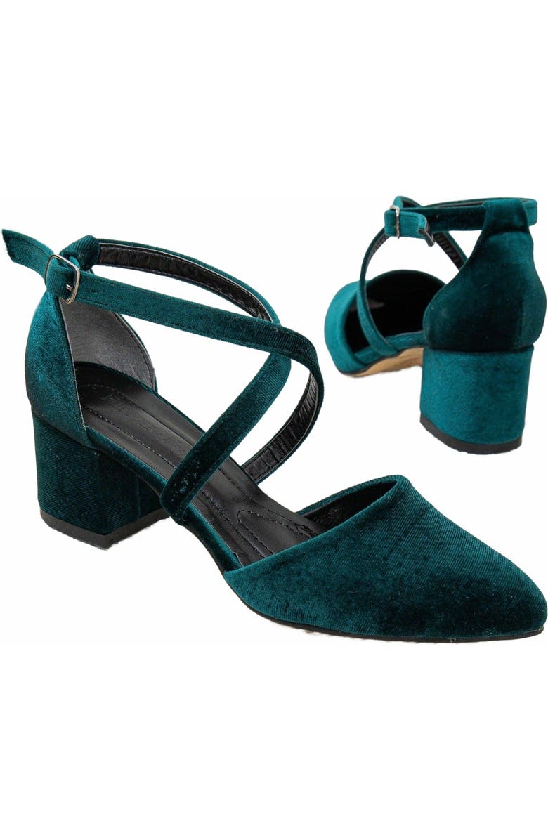 Forever & Always Shoes Dolly Low Block Heel Pumps, Alternate, color, Emerald Green Velvet
