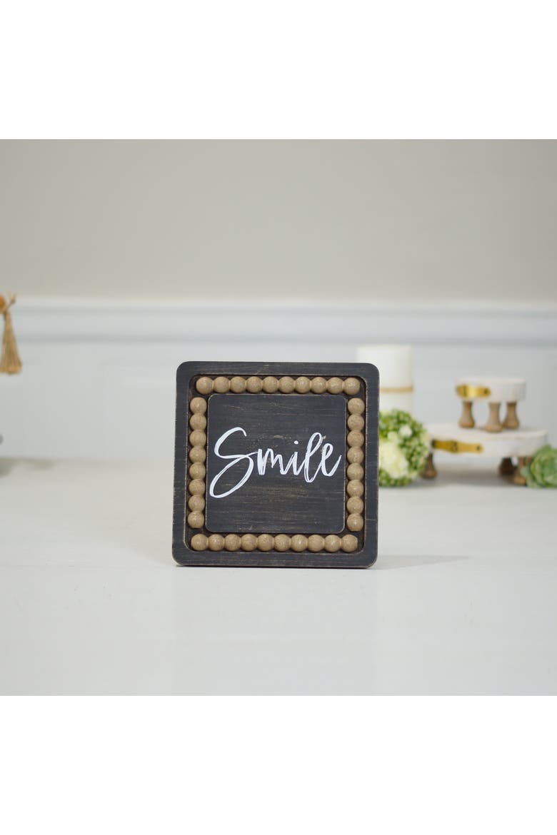 Wood 8 Inch Black Smile Sign with Beaded Accent and Easel Back, Farmhouse Tabletop Decoration, Alternate, color, Black