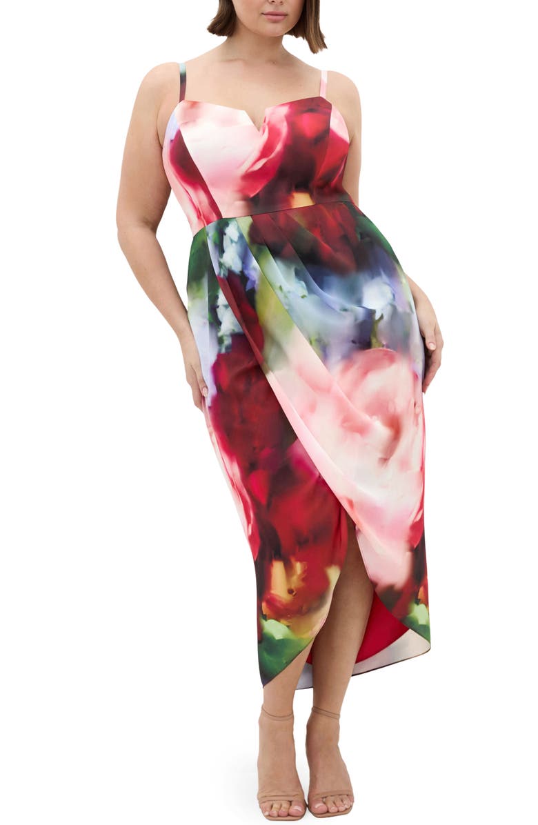 City Chic Sassy Pleat Front Midi Dress, Main, color, Temptation Fl