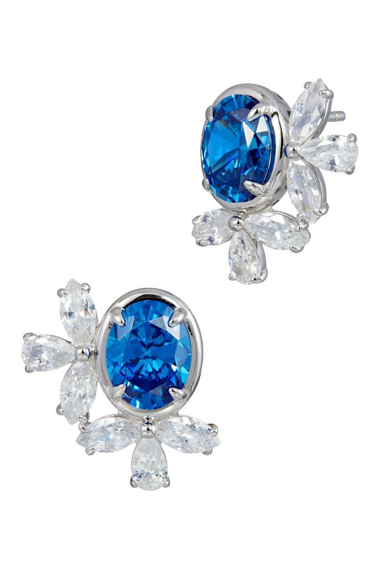 Cubic Zirconia Cluster Oval Stud Earrings, Main, color, SAPPHIRE BLUE