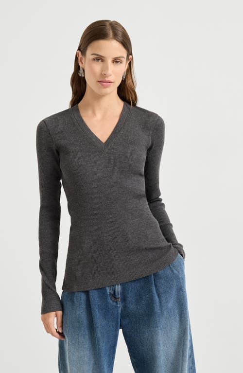 Brunello Cucinelli Fitted Long Sleeve Ribbed V Neck Top In Gray