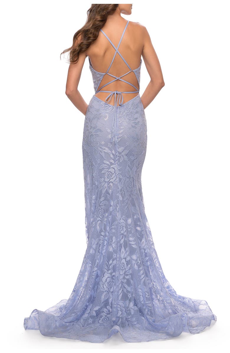 La Femme Rhinestone Lace Embellished Prom Dress with High Side Slit in Bright Colors, Alternate, color, Light Periwinkle