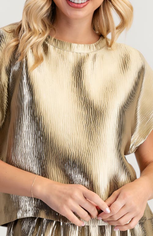 Modenaire Short Sleeve Textured Satin Blouse With Relaxed Fit And Keyhole Back In Gold