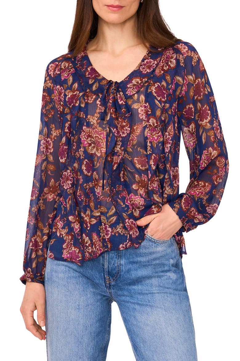 Floral Ruffle Detail Long Sleeve Top, Main, color, DEEP SKY