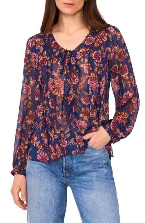 Vince Camuto Floral Ruffle Detail Long Sleeve Top In Blue