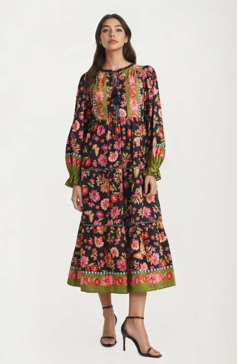 Smocked Long Sleeve Floral Midi Dress With Tiered Skirt