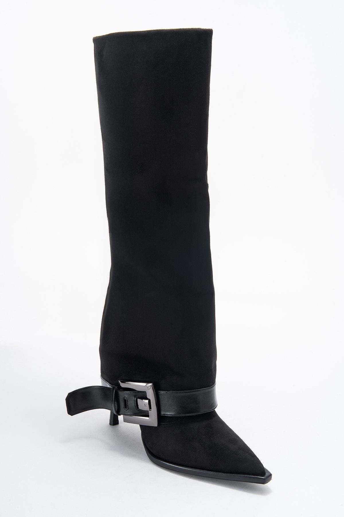 Prologue Shoes Elva Buckle Strap Knee High Boot, Main, color, Black Suede Faux Leather